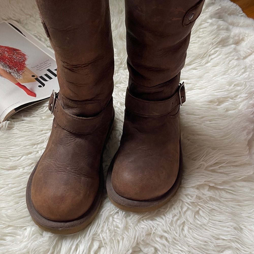 UGG Dark Brown Leather Moto Kensington Biker Engineer Sheepskin Boots - Picture 4 of 13